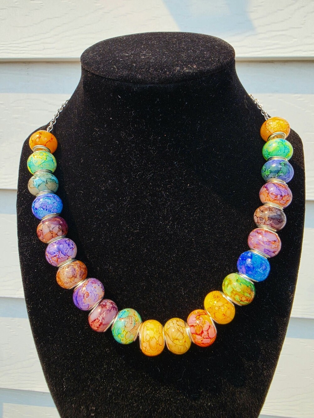 Vibrant Rainbow Ink Swirl Bead Necklace with Stainless Steel Hardware